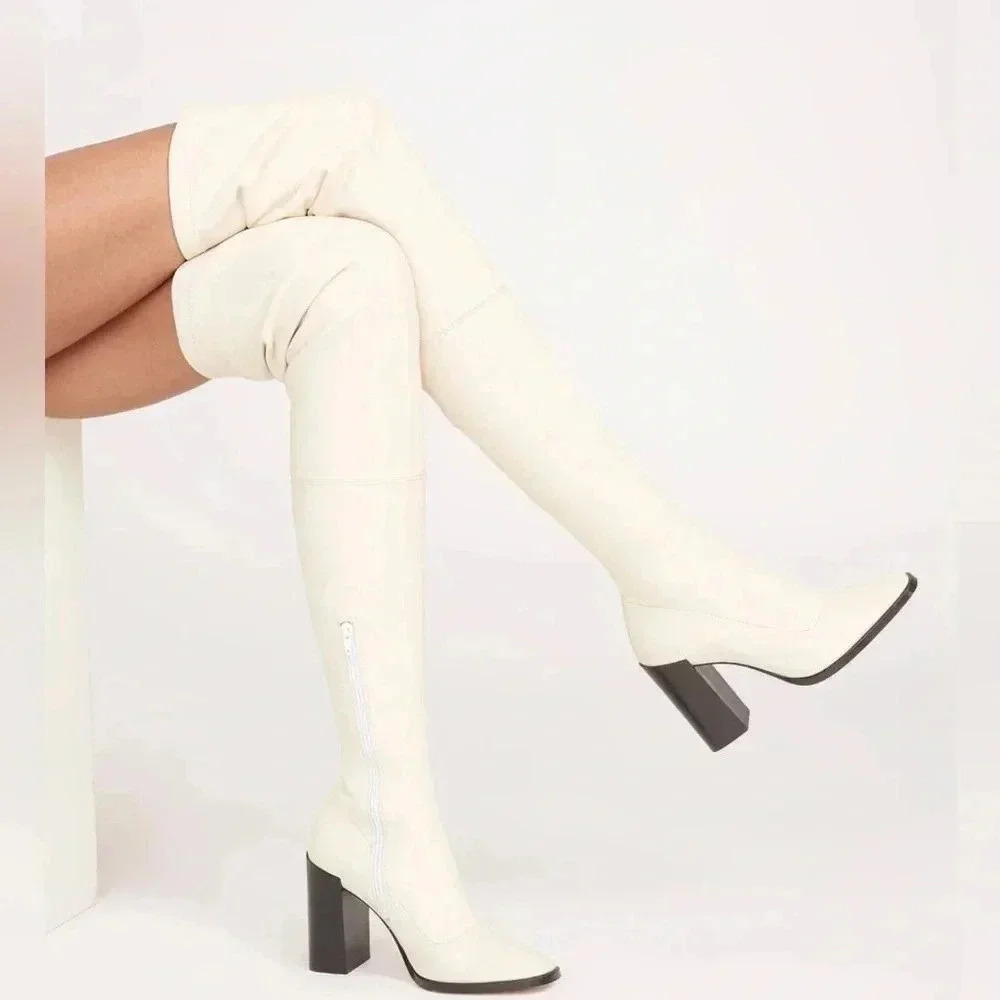 STAUD NWT Cream Off White with Block heel, Over the Knee Thigh High Boots, Sz37